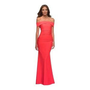 NWT La Femme 30421 - Draped Off-Shoulder Plus Size Prom Gown Hot Coral Size 14